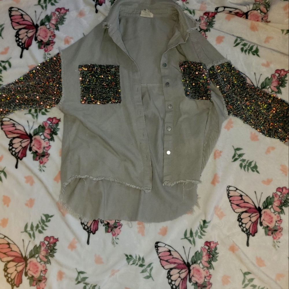 Fantastic Fawn Gray Button Down Shirt with Sequin Sleeves